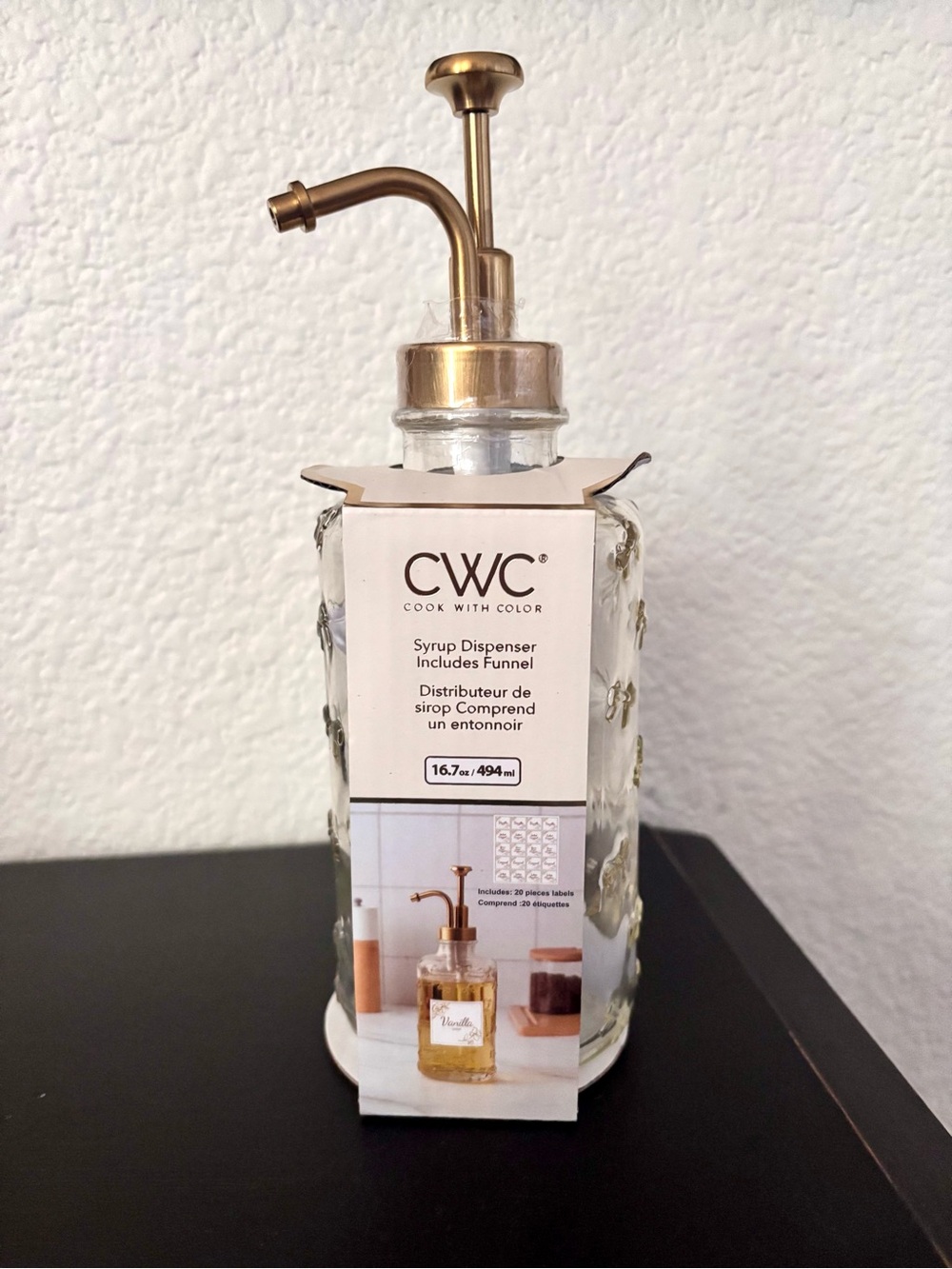 CWC Gold & Clear Glass Syrup Dispenser Bow Design Included Funnel 16.7 oz NEW